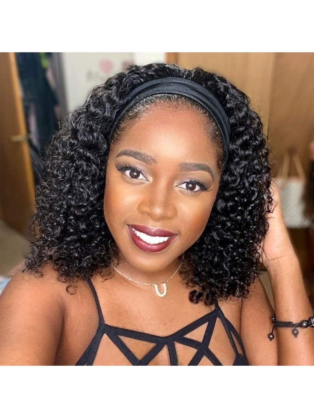 12-Inch Deep Wave Human Hair Headband Wig - Natural Color, Easy Wear & Style